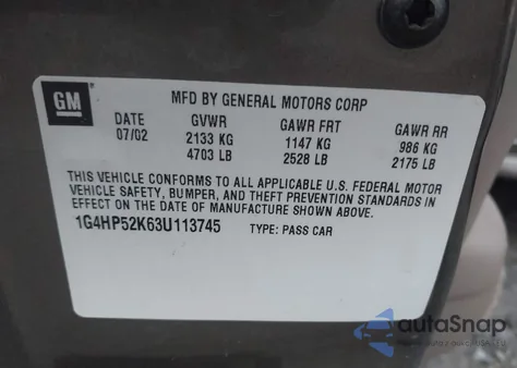 2003 Buick Lesabre Custom z USA, uszkodzony, nr VIN 1G4HP52K63U113745